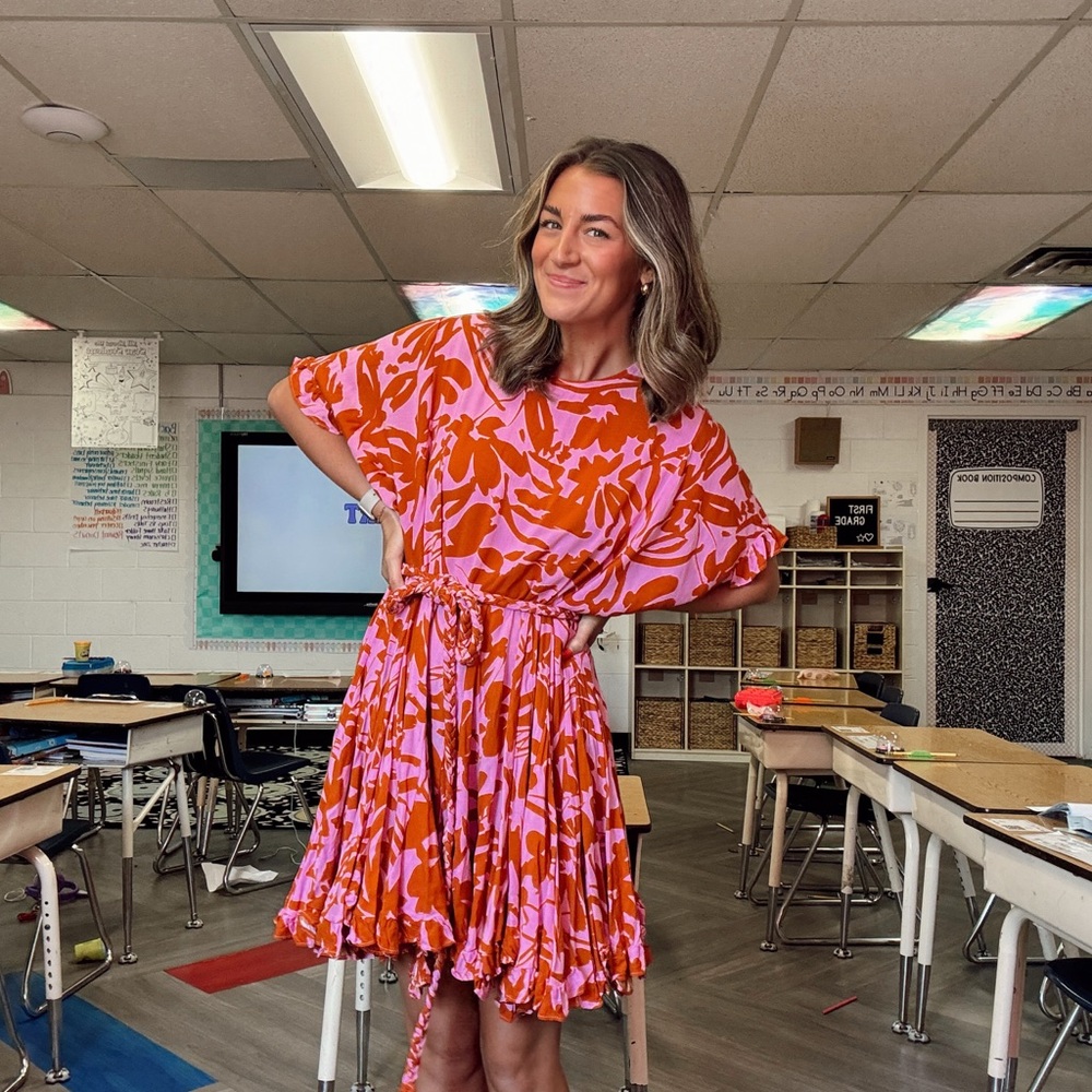 The Impeccable Pig Pink and Orange Floral Ruffle-Hem Mini Dress